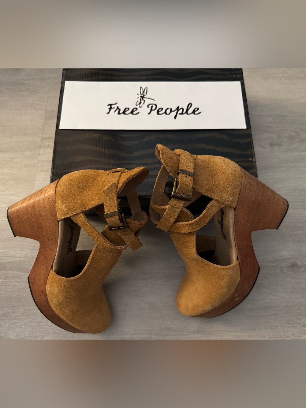 Free People Cedar Clogs, featuring tan suede with a chunky wooden platform heel